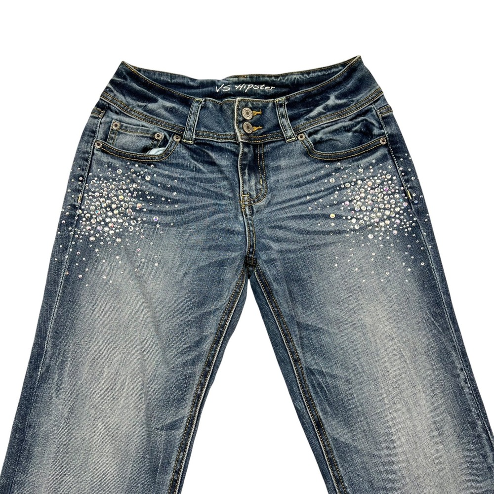 London Jean VS Hipster Jeans Women 4 Blue Rhinestone Embellished Low Rise Denim